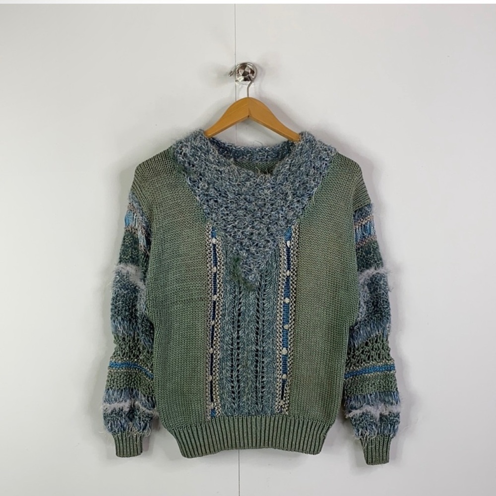 Homemade textured Sweater, muted green & blue size m/L w/feathers! nwt